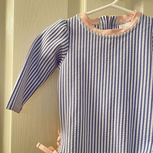 RuffleButts Seersucker One Piece Rash Guard Swimsuit Blue Pink Size 6-12 Months - Picture 3 of 15